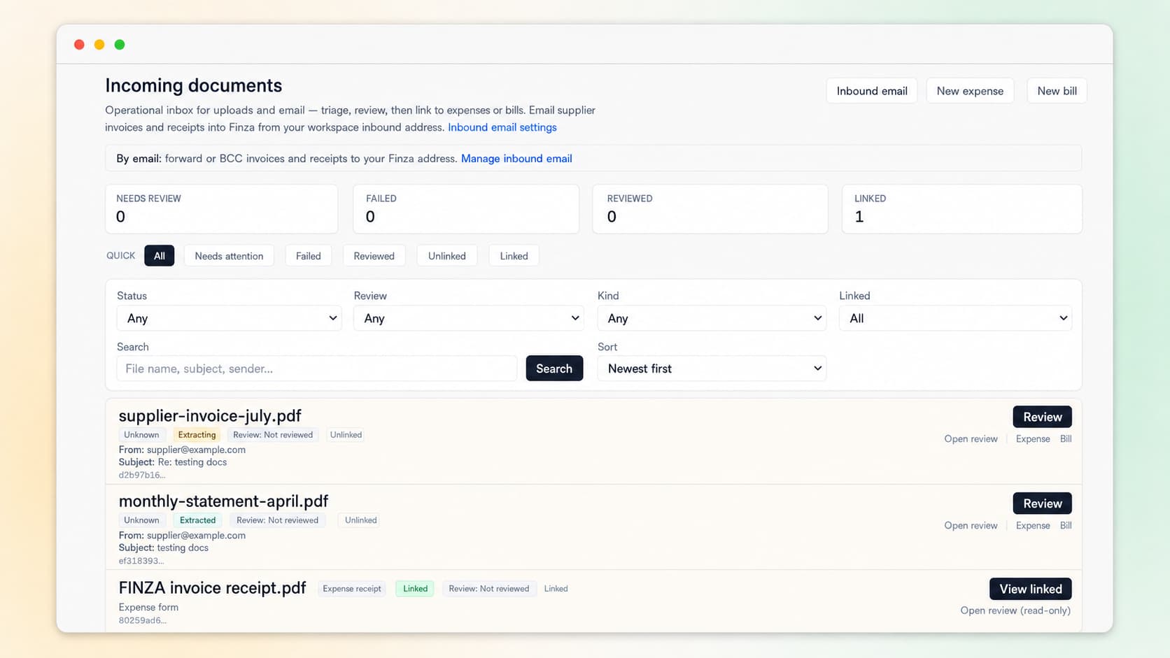 Finza incoming documents screen for uploading, reviewing, and converting business documents