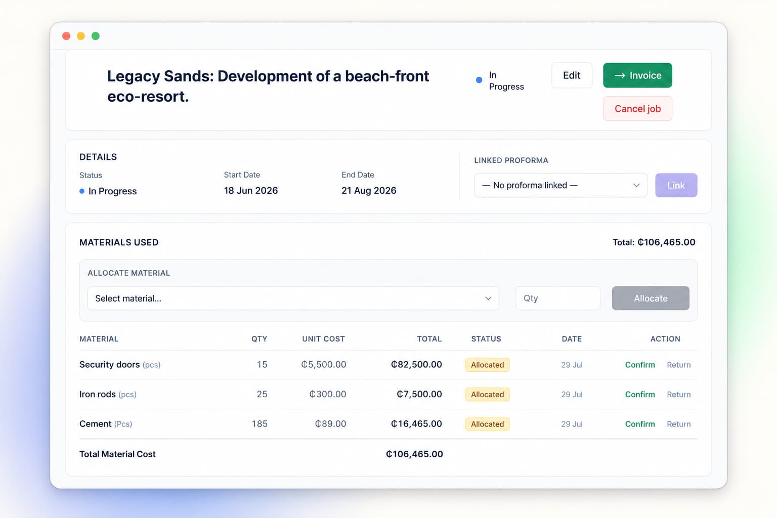 Finza job materials workflow showing material usage linked to a customer job